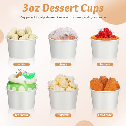 Hemobllo Disposable Dessert Cups with Lids 3Oz Paper Ice Cream Cups for Snacks Yogurt Pudding and Cold Treats 100 Pack Compact Size for Parties and Outdoor Use