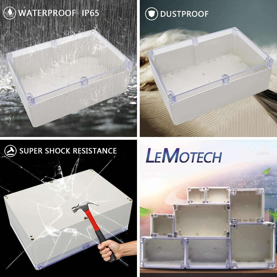 LeMotech ABS Plastic Junction Box Dustproof Waterproof IP65 Electrical Box Universal Project Enclosure Grey with PC Transparent/Clear Cover 10.4 x 7.2 x 3.7 inch (263 x 182 x 95 mm)