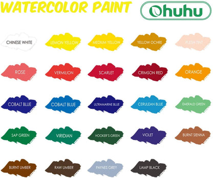 Ohuhu Watercolor Paint Set 24 Premium Quality Art Watercolors Painting Kit (12 ml, 0.42 oz.) with 6 Painting Brushes for Artists, Students Beginners for Landscape Painting