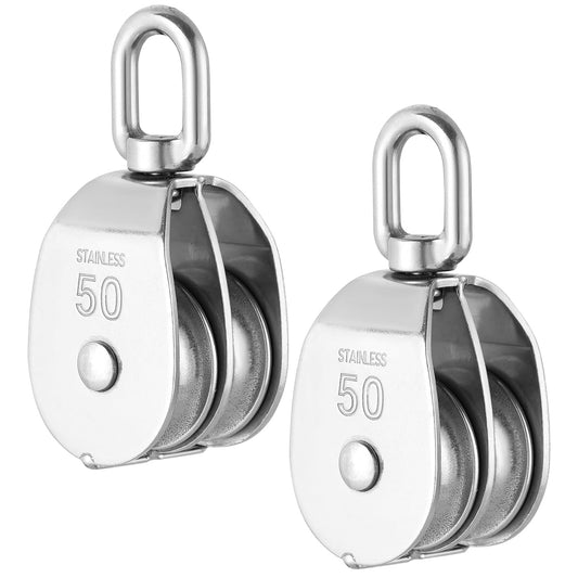 DASBET M50 Double Pulley Block Set - 304 Stainless Steel Pack of 2 | Heavy Duty Double Pulleys for Efficient Lifting | Ideal for Hanging Wire and Crane Operations with Swivel Hook Design
