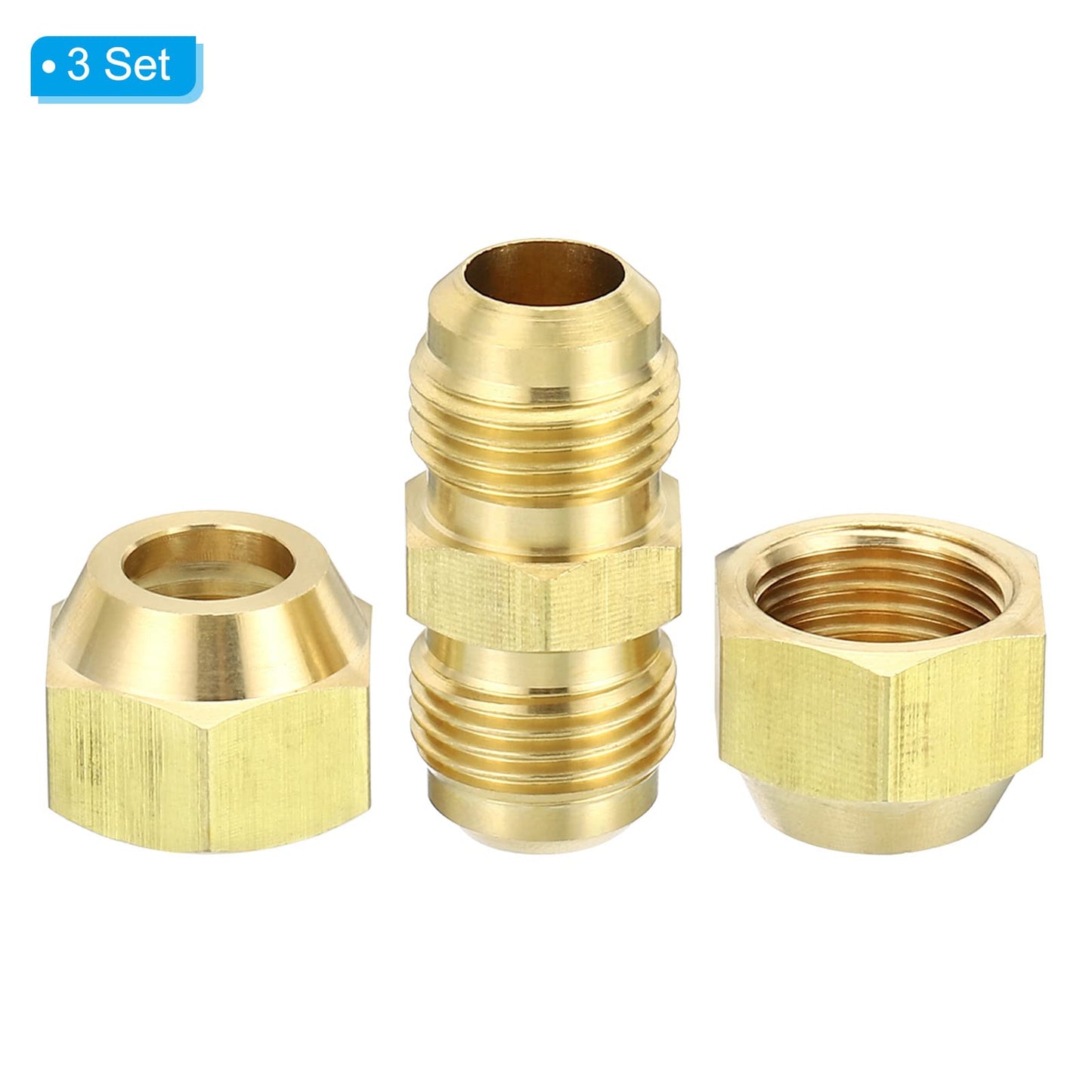 PATIKIL 3/8" OD Brass Flare Union Connector, 3 Set Air Conditioning Copper Double Pipe Extension Joint Connectors Pipe Hose Fitting with Nut, 1.37 x 0.63inch