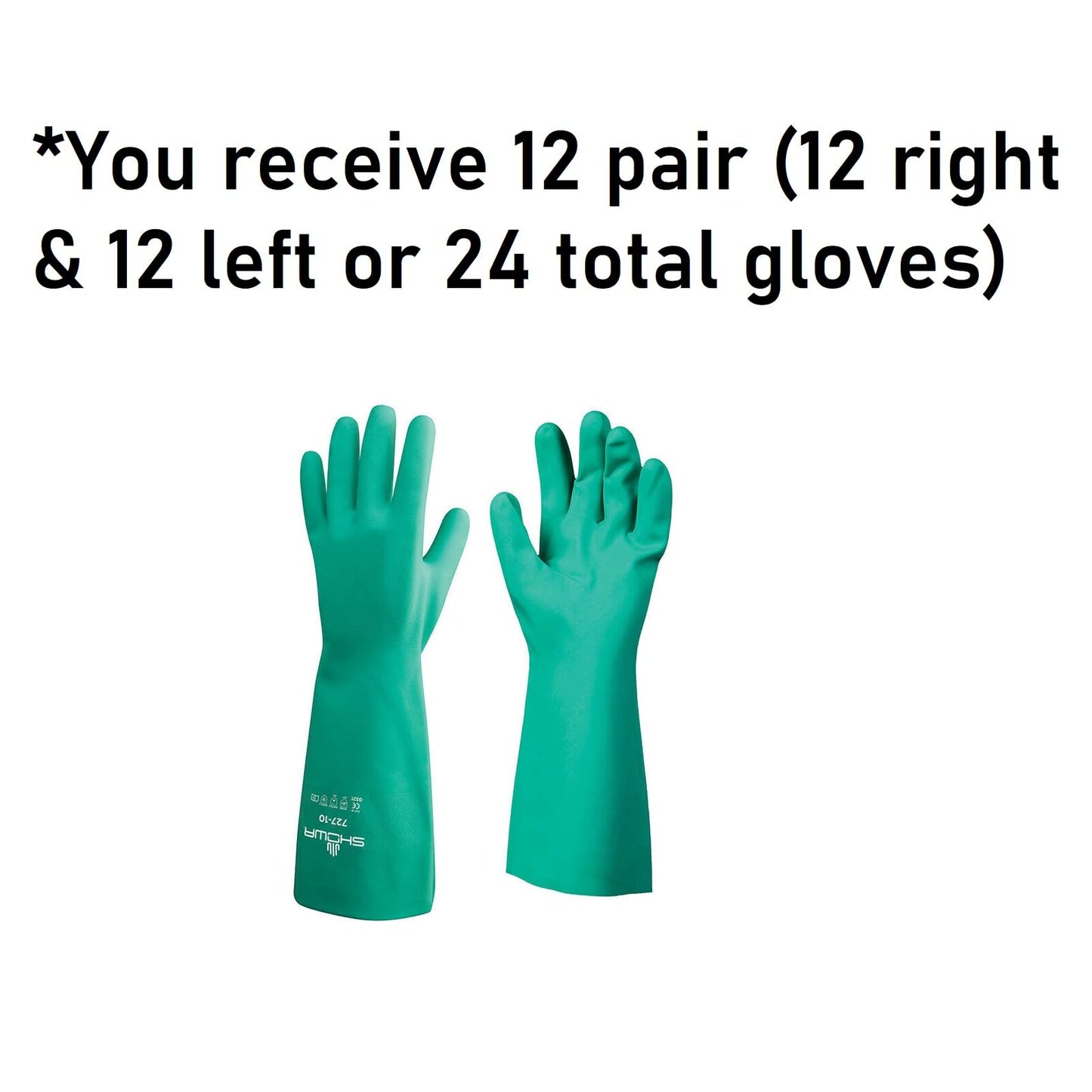 SHOWA 727 Unlined Chemical Resistant Nitrile Safety Work Glove, 13" Length, 15-mil, Large (Pack of 12 Pairs)