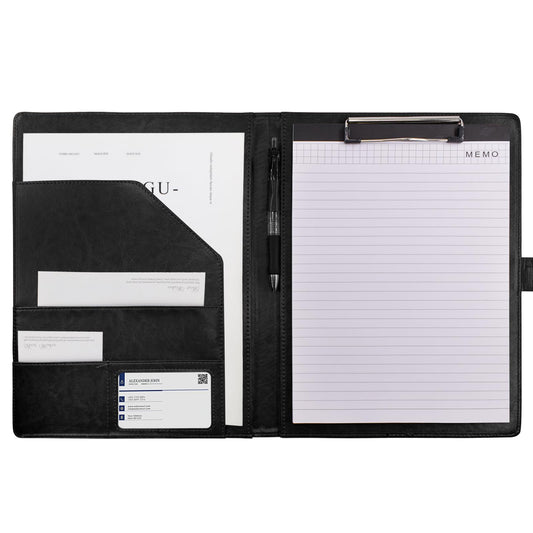VANRA Padfolio Clipboard Folder Leather Portfolio Binder Organizer Interview Resume Folder for Papers Legal Document A4 Letter Size Writing Pad Notepad Clip Boards with Business Card Holder (Black)