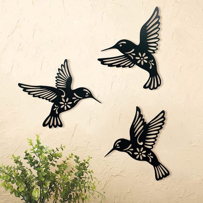 3 Pieces Metal Hummingbird Wall Art Decor, Hollow Out Iron Bird Sculpture, Indoor & Outdoor Wall Hanging Figurines for Garden, Living Room, Bedroom (Black)