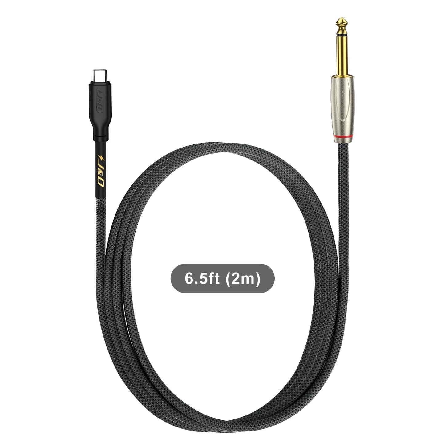 J&D USB Type C to 6.35mm 1/4 inch TS Male Audio Mono Interconnect Aux Adapter Cable Compatible with iPhone 16/17 Series Gold Plated Braided Audio Cable, 6.6 Feet/2 Meter
