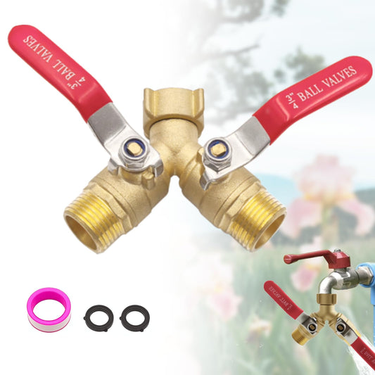 3/4" GHT 2-Way Heavy Duty Hose Splitter - Solid Brass Body & Red-Coated 304 Stainless Steel Handle for RV and Garden Use