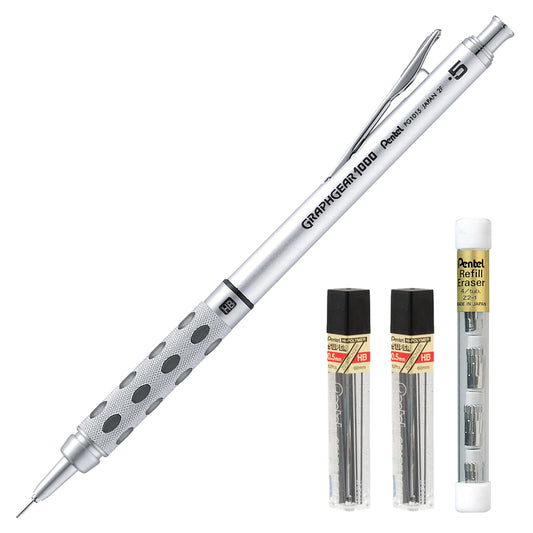 Pentel GraphGear 1000 Premium Mechanical Drafting Pencil Set with Refill Leads and Refill Erasers, Rectractable, For Students, Architects, Engineers, Artists, 0.5mm Fine Point, Black Barrel, 1 Pack