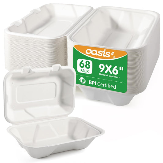 OasisSN [9x6", 68-Pack] Clamshell Takeout Containers, Compostable Heavy-Duty Disposable Paper Lunch Boxes(White)