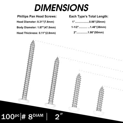 White Head 100 PCS #8x2 Stainless Steel Phillips Pan Head Wood Screws,White Coated Screws Covers Head Wood Screws,Stainless Steel 18-8 A2(304) Screw,Home Screw Kit by QISHENG