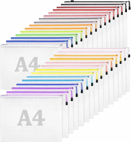 30 PCS Mesh Zipper Pouches Bags A4 Size Document Pouch,Waterproof Zipper Bags for Document Storage, Travel Bag Organizaer, Puzzle, Building Block Storage, School, Office Supplies (15 Colors)
