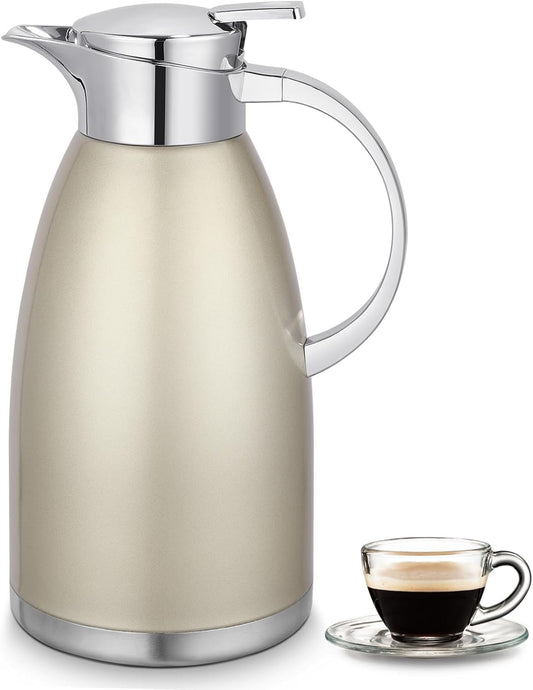 Asiulalt 2.3L/ 78oz Stainless Steel Thermal Carafe, Coffee Carafe Jugs with Lid, Double Walled Vacuum Insulated Coffee Pot with Press Button Top for Coffee/Juice/Milk/Tea etc (Golden)