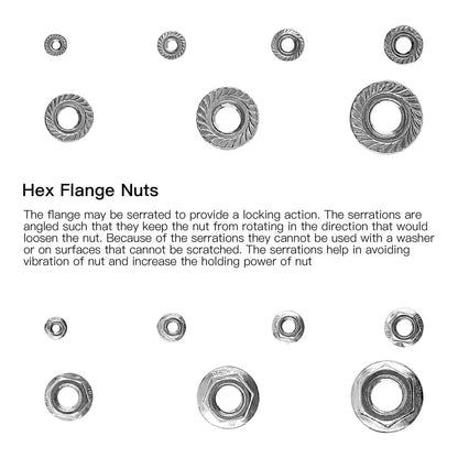 165Pcs 304 Stainless Steel Serrated Metric Flange Nuts Hex Lock Nuts Assortment Kit, 7 Sizes - M3 M4 M5 M6 M8 M10 M12
