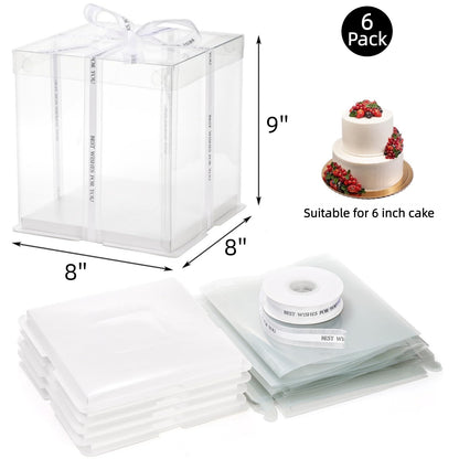 Cididu 6 Pcs Clear Cake Box with Ribbon, 2-Layer Tall Cake Packaging Boxes 8x8x9 Inch, PET Cake Carrier Transport Container for Tiered Cakes, Transparent Gift Display Boxes with Lid for Birthday Party