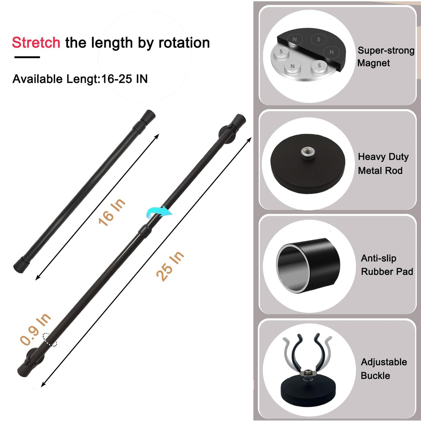 Sumlache Magnetic Curtain Rod for Metal Doors-Adjustable Cafe Magnetic Rod For Bathroom-curtain with Magnetic Holders to Hanging Curtain, towel, clothes ((16 to 25 inch*2 Black))
