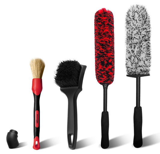 YeewayVeh 4Pack Car Wheel Cleaning Kit, Bendable Wheel Brush and Microfiber Rim Cleaner Brush, Tire Brush and Car Detailing Brush, Soft & No-Scratch Auto Wheels Cleaning Set for All Wheel Types, Red