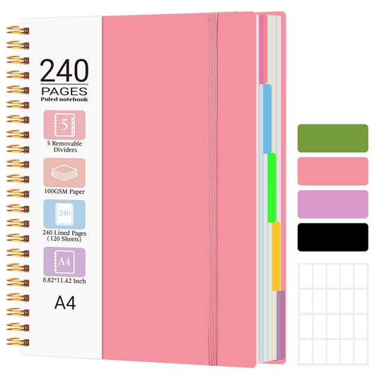 Spiral Notebook 8.8" x 11.4", 5 Subject Notebooks College Ruled with Tabs and Removable Dividers, Large A4 240 Pages 100GSM Thick Spiral Writing Journal Notebooks for Work, School (Pink)