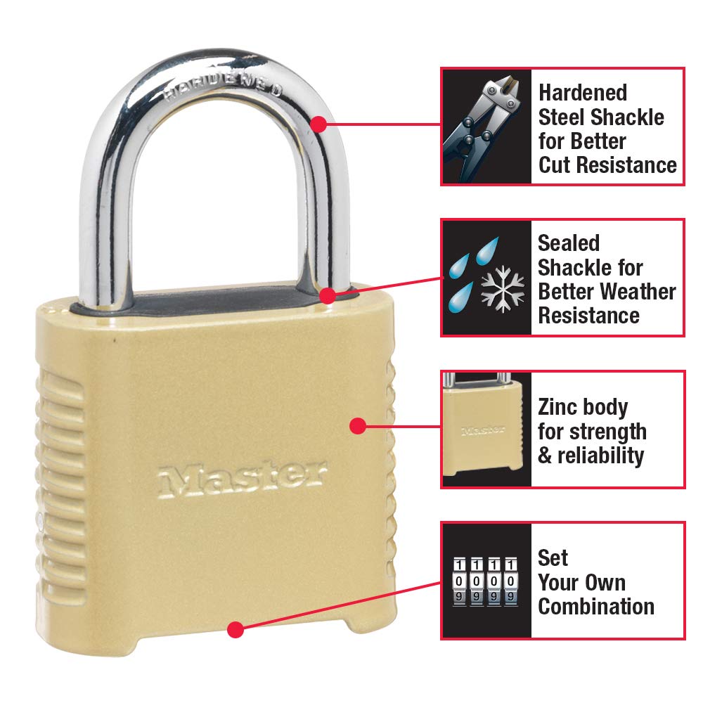 Master Lock Heavy Duty Outdoor Combination Lock, 2 in. Wide, Brass Finish, 875D