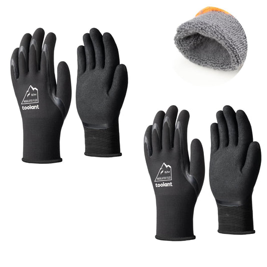 toolant 2 Pairs Winter Work Gloves for Men & Women, Freezer Gloves with Dual-Layer Sandy Latex, Super Durable & Grip, Insulated Liner for Cold Weather, Touchscreen, L, Black