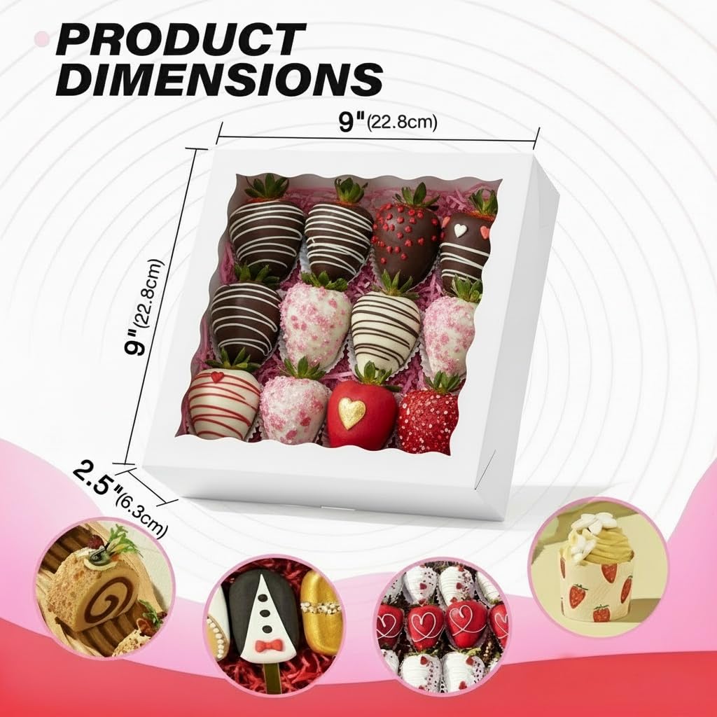 RomanticBaking 28pcs 9x9x2.5 Inches Bakery Boxes with Window for Pie, Chocolate Covered Strawberries, Breakable Heart, Cookies, Cakesickle