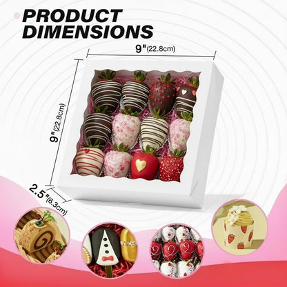 RomanticBaking 28pcs 9x9x2.5 Inches Bakery Boxes with Window for Pie, Chocolate Covered Strawberries, Breakable Heart, Cookies, Cakesickle