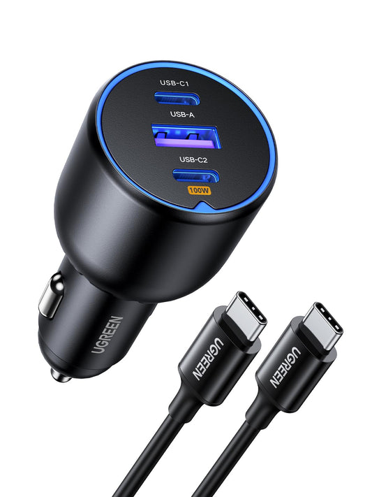 UGREEN 130W Car Charger USB C Fast Charger (with 100W USB C Cable) PD3.0 QC4.0 PPS Fast Charging Car Adapter Compatible with Dell XPS, MacBook, iPhone 17 16 15 14 Pro Max, Galaxy S25 S24 Ultra, iPad