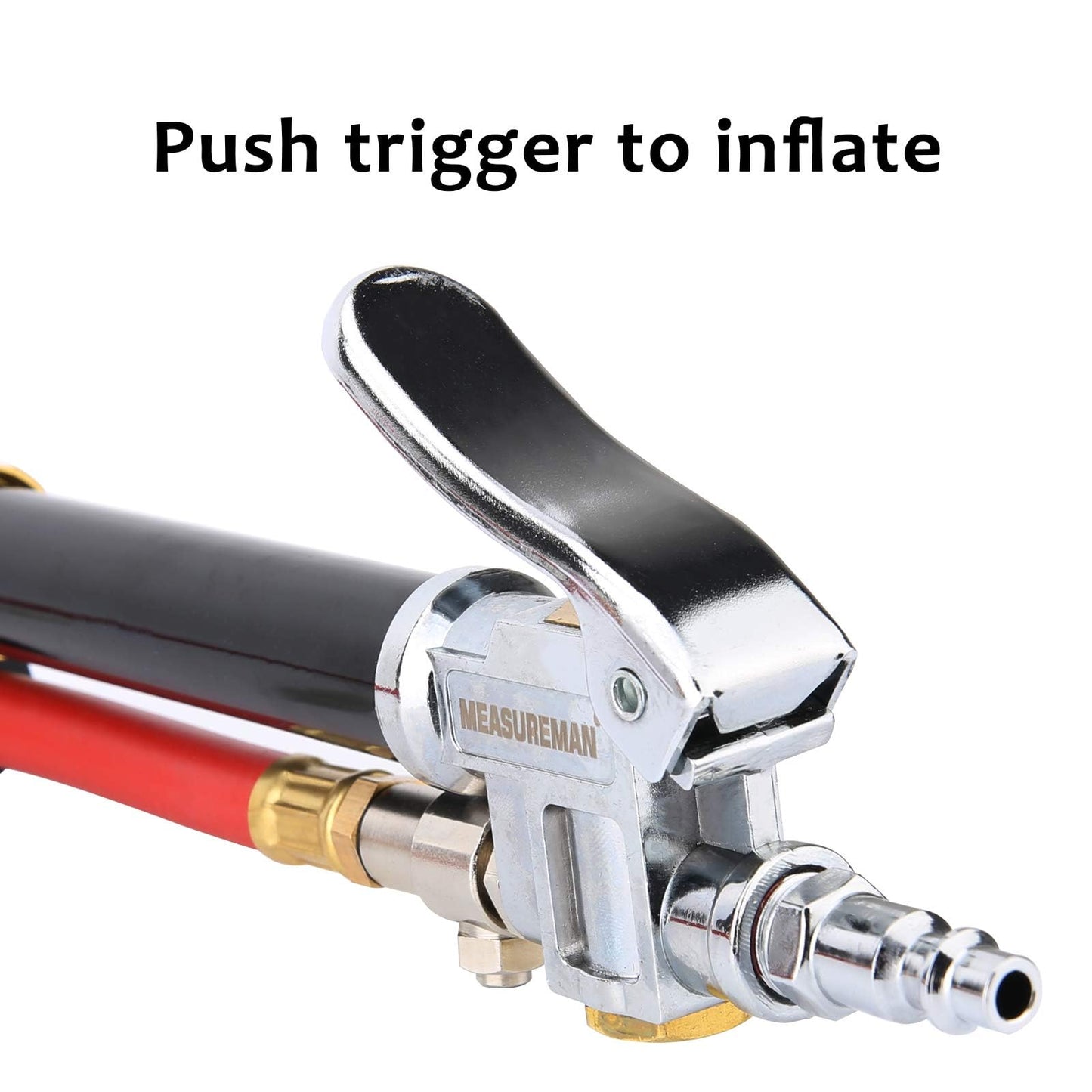 MEASUREMAN Heavy Duty Tire Inflator, Aluminum Body, 20" Red Hose, Clip On Air Chuck, Aluminum Slide, Range 10-130psi/kpa