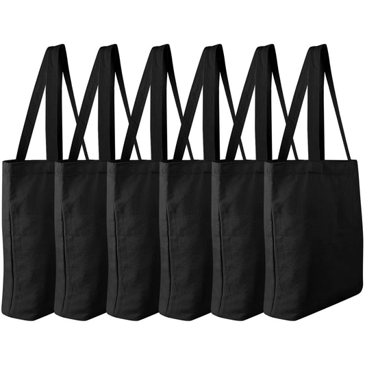 Faylapa 6 Pack Canvas Tote Bags, Heavy Duty and Strong Shopping Grocery Bag 13.6"x 15.3" Blank Cotton Bags for Decorating Christmas Crafts DIY, Painting (Black)