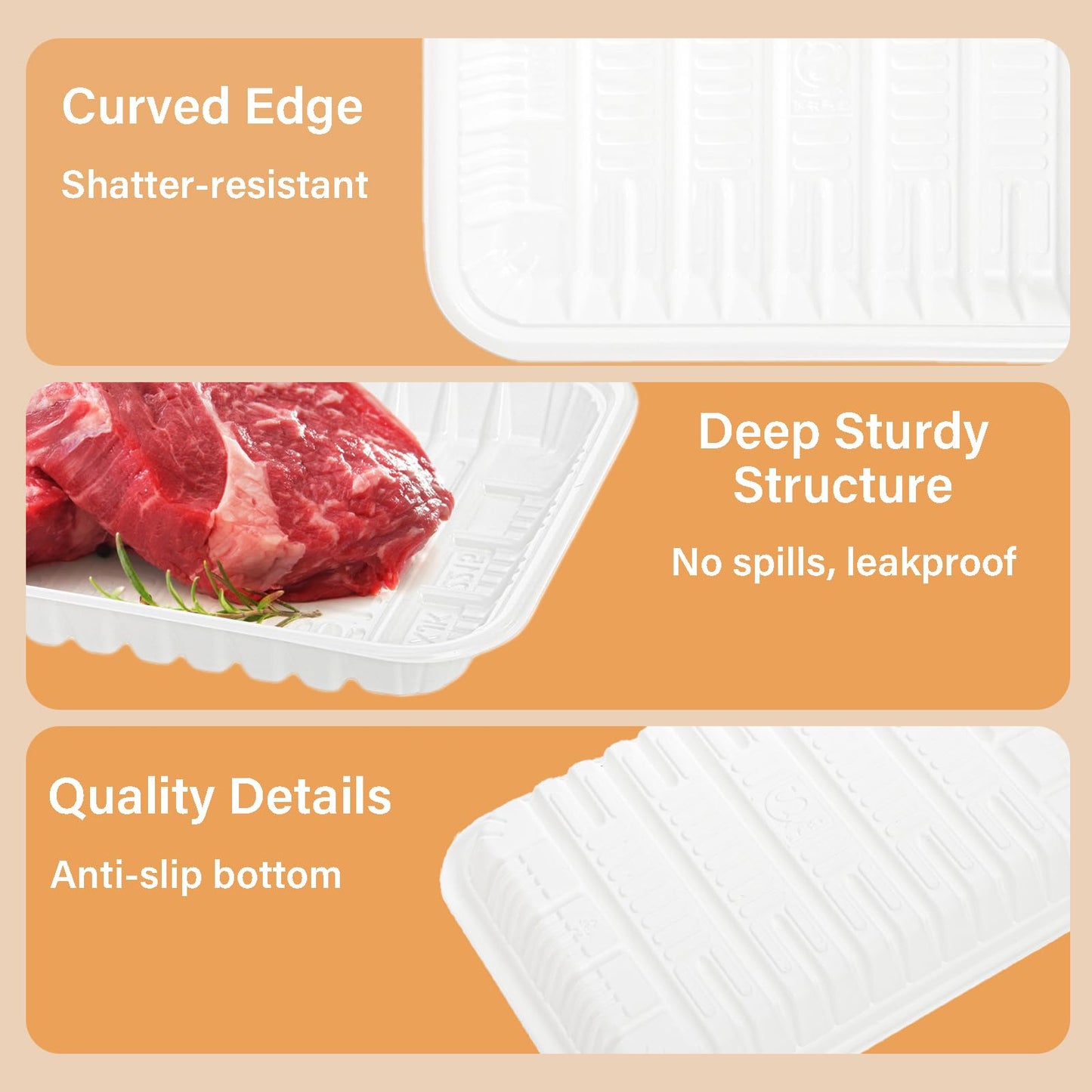 WRINGKIT 300 Pack White Plastic Meat Tray, 8 Inch Rectangular Disposable Plates, Mineral Filled PP Supermarket Meat Trays, Heavy-Duty Plastic Dinner Dessert Plates for Party Restaurant