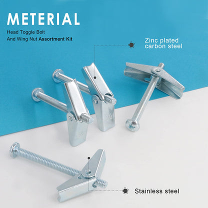 Glarks 60Pcs 1/4'' Zinc Plated Steel Round Head Toggle Bolt and Wing Nut for Hanging Heavy Items on Drywall (1/4'')