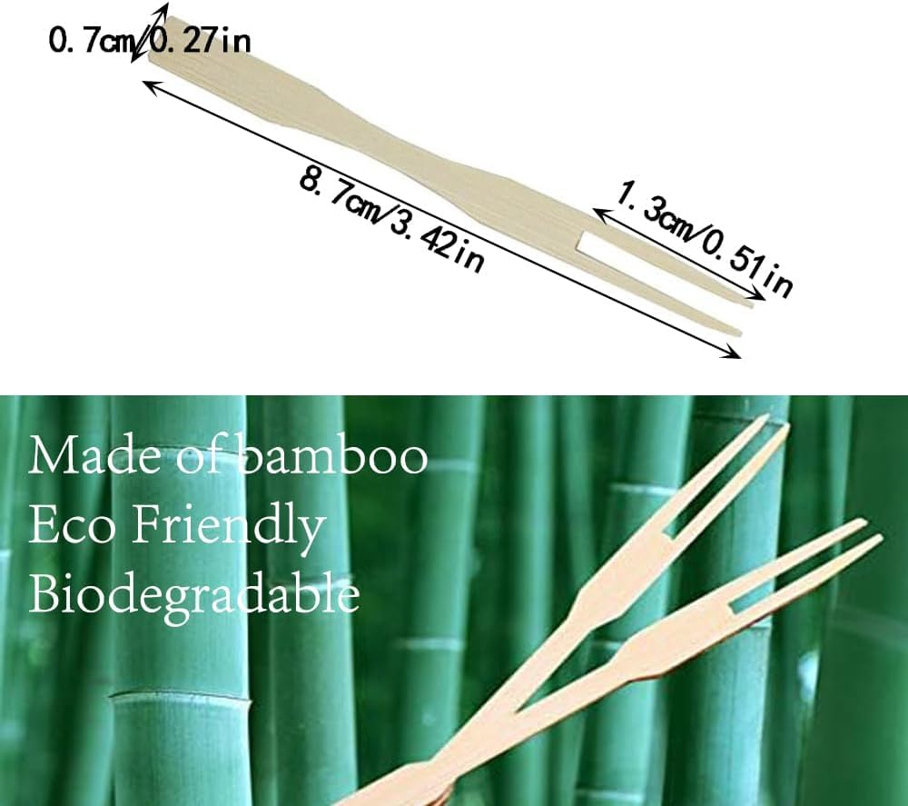 1000 Pcs Bamboo Forks, BetterJonny Disposable Forks Two Prongs Skewers Blunt End Toothpicks Mini Cocktail Tasting Forks Fruit Food Picks for Party, Banquet, Buffet and Daily Life
