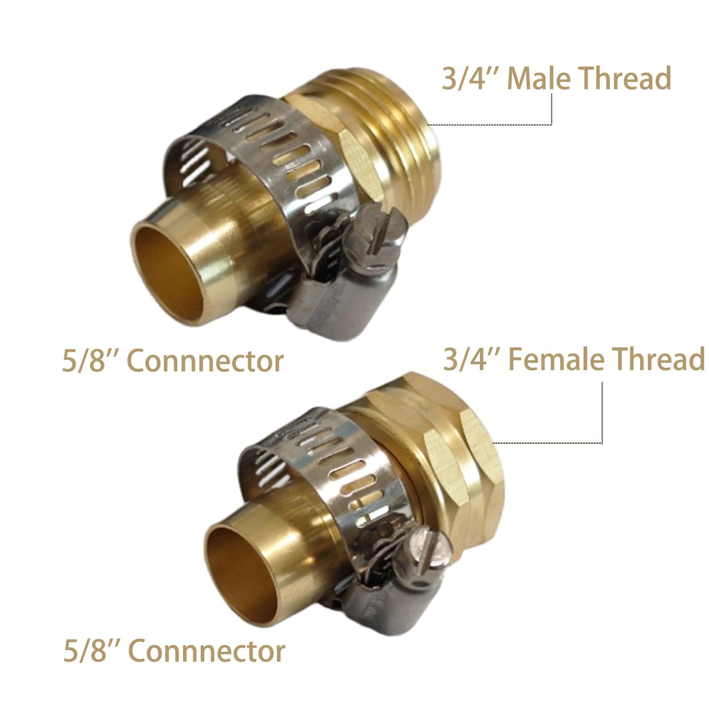 VASLON Solid Brass Garden Hose Repair Kit, 3/4" and 5/8" Hose End Repair Connector with Stainless Steel Clamps, Male and Female Hose Fittings, 4 Sets