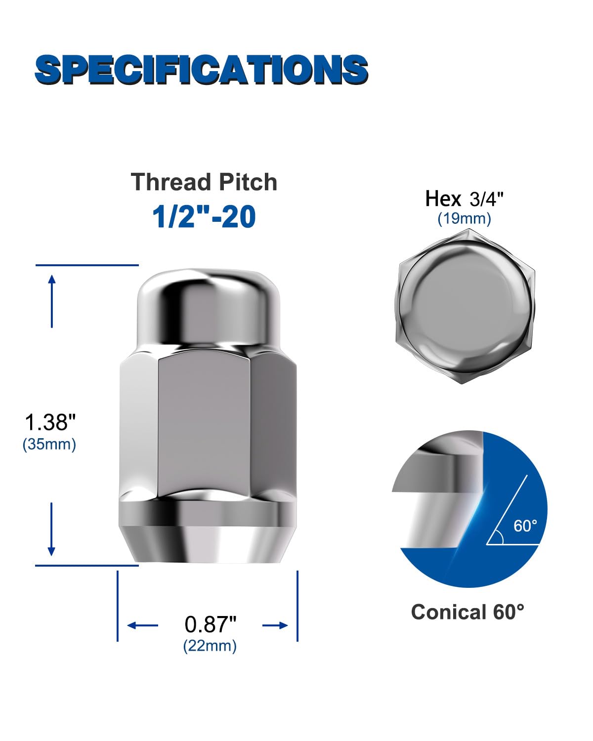 GAsupply 20pcs 1/2-20 Lug Nuts Chrome, 1/2 x 20 Closed End Bulge Acorn Wheel Lug Nut, 1.38 inch (35 mm) Tall, 3/4 inch (19mm) Hex