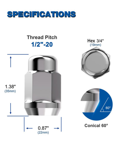GAsupply 20pcs 1/2-20 Lug Nuts Chrome, 1/2 x 20 Closed End Bulge Acorn Wheel Lug Nut, 1.38 inch (35 mm) Tall, 3/4 inch (19mm) Hex