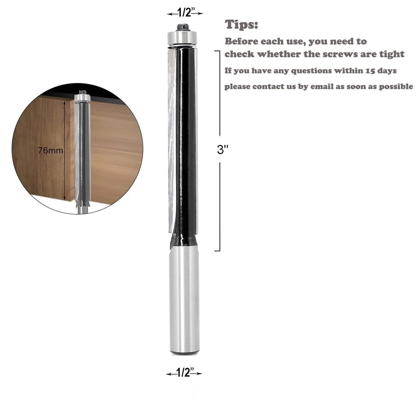 Extra Long Flush Trim Router Bit 1/2 Shank, 3-Inch Height X 1/2-Inch Diameter, Carbide Tipped, Top Bearing Template Flush Cut Trim Router Bit, for Woodworking Trimming by SICWOOD
