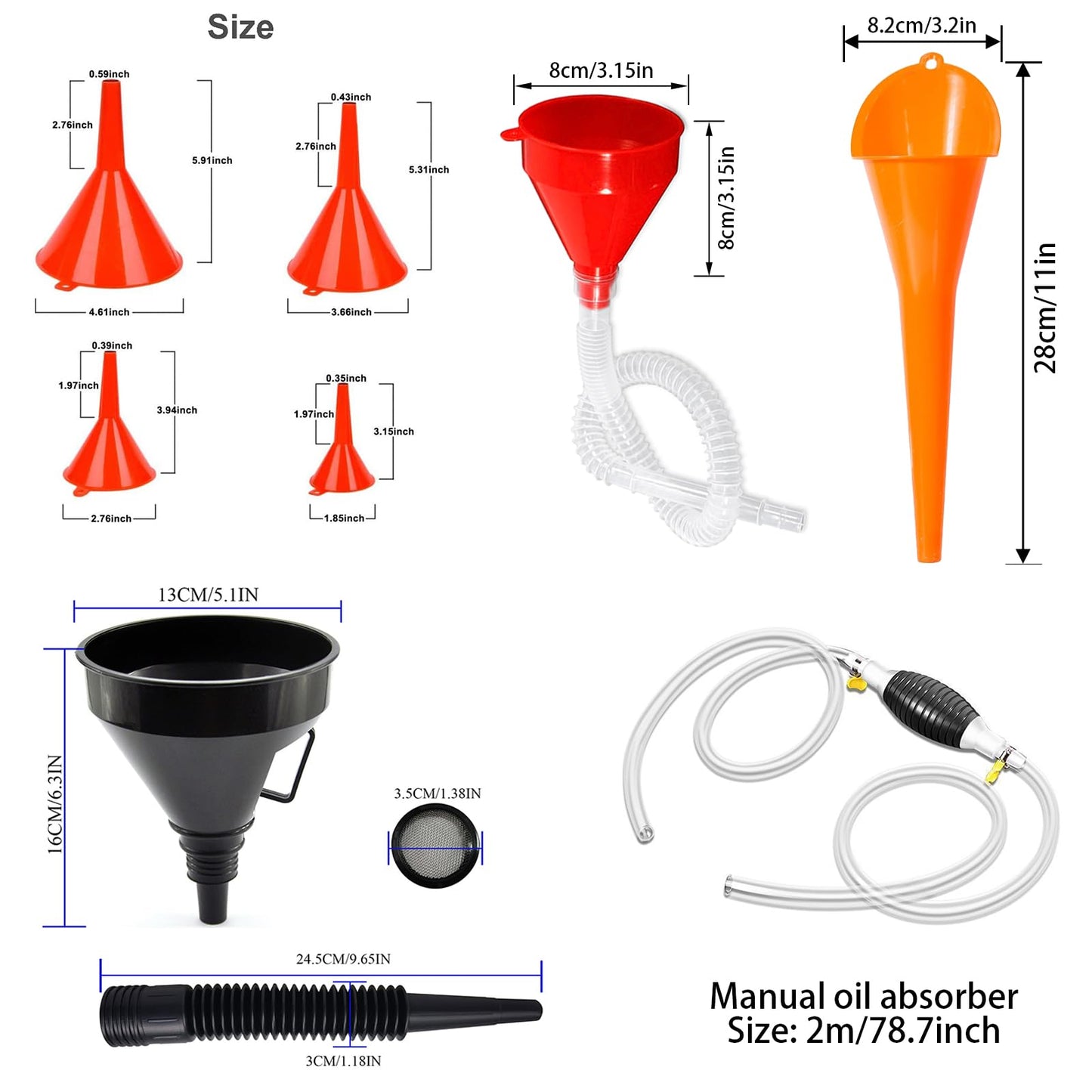 8 Pieces Filling Funnel Set, Gasoline Fuel Funnel，Right Angle Flexible Plastic Funnel Set, Universal Auto Gasoline Fuel Funnel with Detachable Hose and Manual Oil Absorber