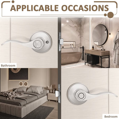 Probrico (1 Pack)Privacy Door Lever[Thumb Turn Lock on The Inside],Locking Door Handle Set for Bedroom & Bathroom Doors,Keyless Satin Nickel Finish Wave Door Lock, Reversible Right & Left Side Handed
