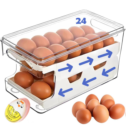 Rolling Egg Holder, Fridge Fresh 24 Egg Organizer with Lid for Refrigerator, Clear Egg Container Tray Stackable Dispenser and Egg Holder for Fridge, Egg Dispenser fridge Rolling With Egg Timer