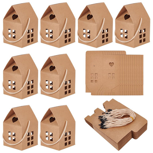 BENECREAT 30Pcs House Shaped Gift Boxes, 3x3x5inch Log Kraft Paper Candy Box Cardboard Treat Boxes for Wedding Baby Shower Birthday Party