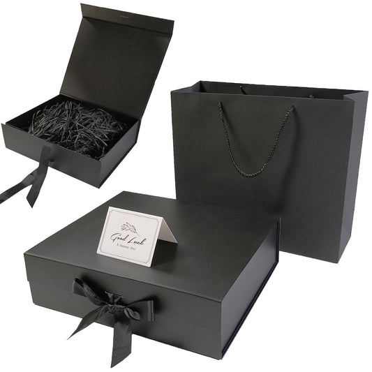 Ousaliyea Gift Box with Lids, Gift Wrap Box with Gift Bag Ribbon Shredded Paper Greeting Card, Luxury Packaging Box Set for Christmas Wedding Birthdays (Black Large, 1 Pack)