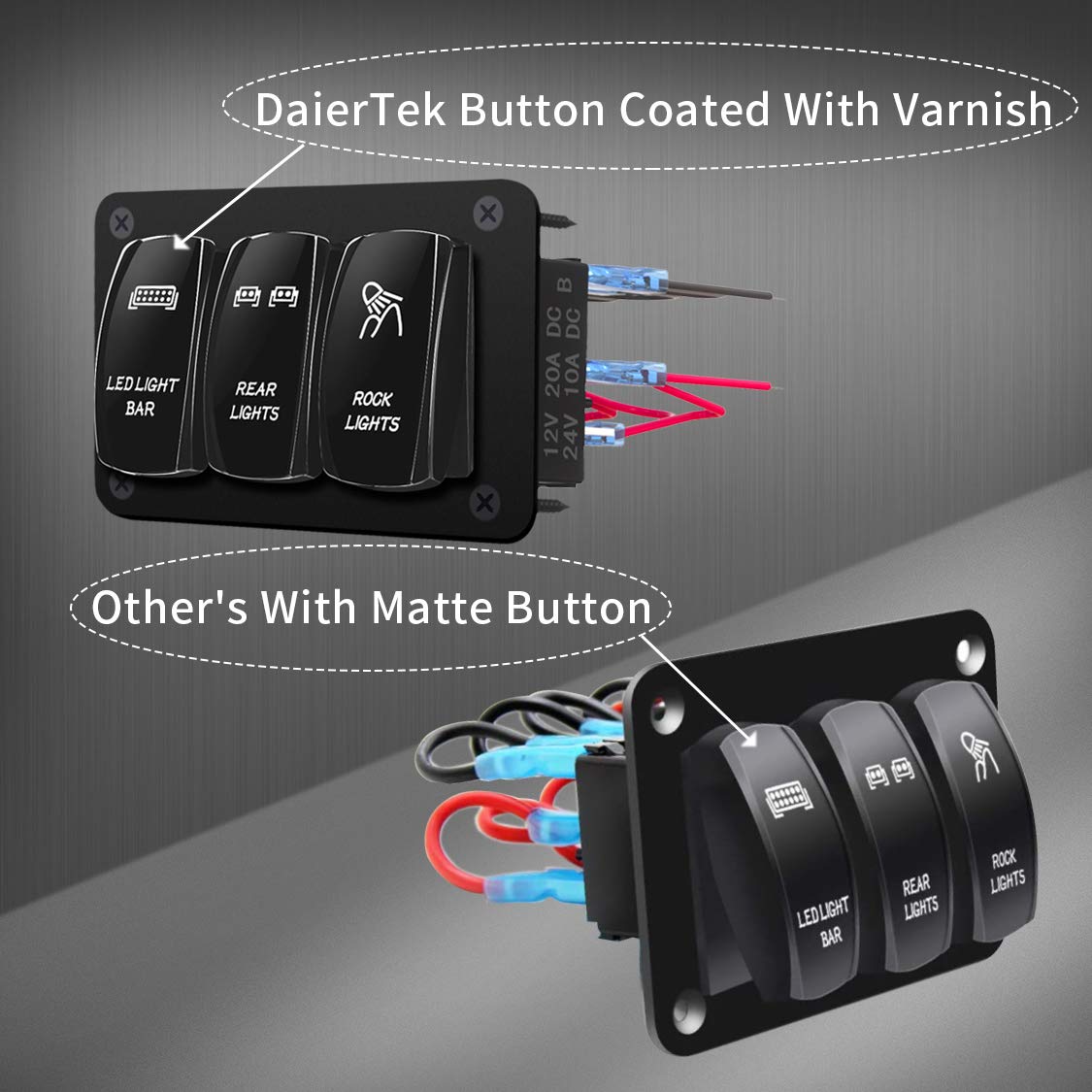 DaierTek LED Light Bar Switch Panel, 3 Gang Rocker Switch Panel, 12V Toggle Switch Panel for Truck Car RZR Jeep RV Automotive Marine Boat Blue 12 Volt Switch Panel Waterproof