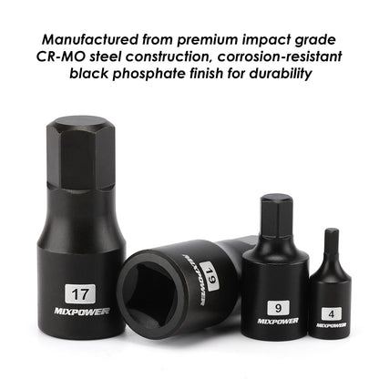 MIXPOWER 14-Piece Dr. Bit Socket Set, 2.5mm to 19mm, 1/4", 3/8" and 1/2" Drive, Cr-Mo Impact Grade, Metric, Hex Bit Socket