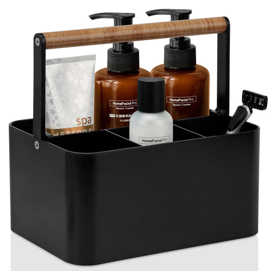 BYUNER Portable Shower Caddy Dorm: Bathroom Cleaning Caddy Organizer with Handle and Adjustable Dividers,Plastic Shower Basket for Toiletry,Makeup,Vanity,Shower Storage Tote for College (Black Wood)
