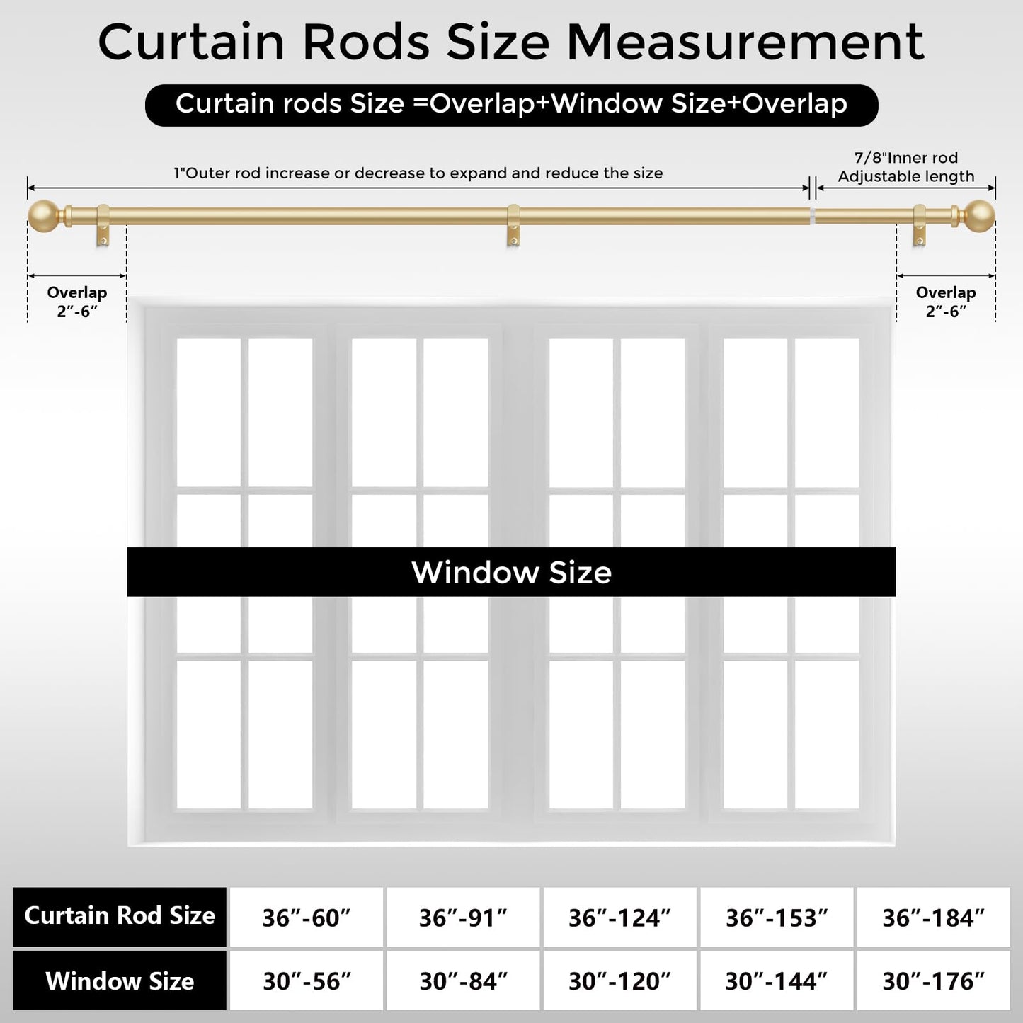 Gold Curtain Rods for Windows 48 to 84 Inch, Adjustable Heavy Duty 1" Diameter Decorative Curtain Rod with Matte Gold Round Finials, Modern Easy Install Extendable Metal Drapery Pole Set