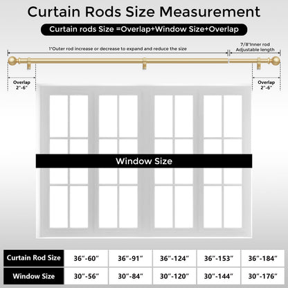 Gold Curtain Rods for Windows 48 to 84 Inch, Adjustable Heavy Duty 1" Diameter Decorative Curtain Rod with Matte Gold Round Finials, Modern Easy Install Extendable Metal Drapery Pole Set
