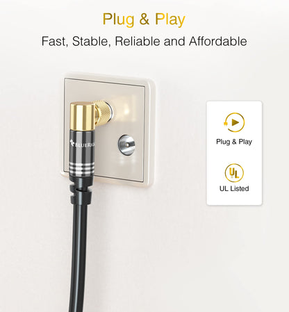BlueRigger RG6 Coaxial Cable (15FT, 90° Angled to 90° Angled Connector Pin, Gold Plated, Triple Shielded) – Digital Audio Video Coax Cable Cord for HDTV, CATV, Modem, Satellite Receivers