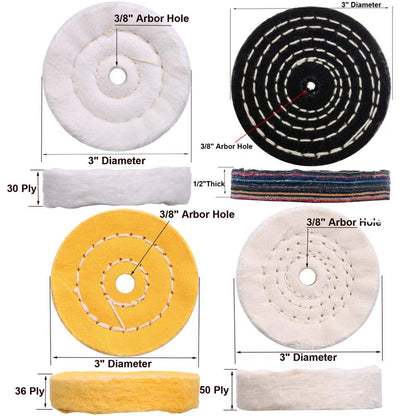 SCOTTCHEN 3" Buffing Polishing Wheels Soft(30Ply)/ Fine(50Ply)/ Medium(36Ply)/ Coarse 1/2" Thick/Rough 1/2" Thick 3/8" Arbor Hole with 2sets 1/4" Shank for Drill - 5Pack