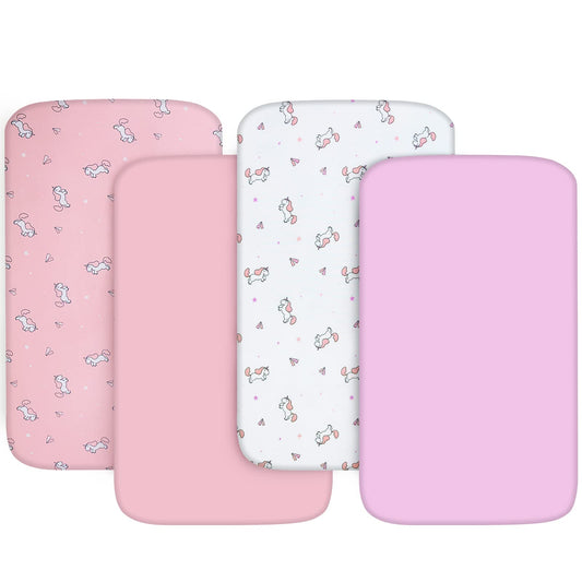 Bassinet Fitted Sheet(33" x 20"), Bassinet Sheets 4 Pack, Compatible with Most Bedside Sleeper Bassinet, Bassinet Sheets with Ultra Soft Microfiber Surface, Pink Print