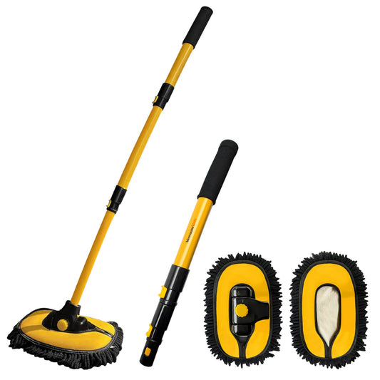 YeewayVeh Car Wash Brush with Long Handle, Car Wash Mop with Replaceable Microfiber Cover, Microfiber Cleaning Supplies with 15° Curved Extension Pole Washing Kit for RV Truck Camper, Yellow
