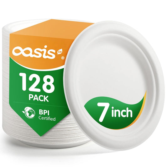OasisSN 7 Inch 128 Pack Compostable Disposable Paper Plates, Heavy Duty Sugarcane Bagasse Plates, Biodegradable Eco-Friendly for Snacks & Parties, White