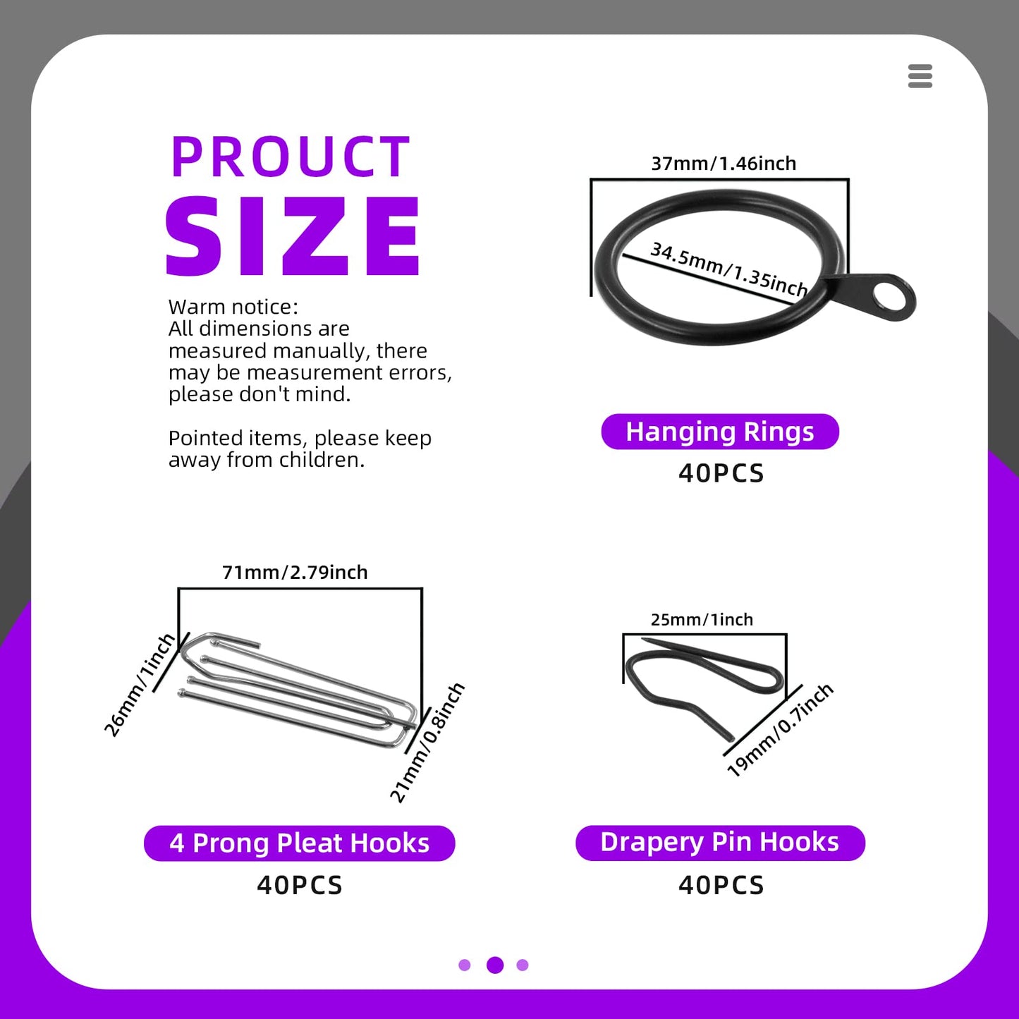 Swpeet 120Pcs Black 1.35 Inch - 30mm Metal Drapery Curtain Rings Curtain Hanging Rings and Stainless Steel 4 Prongs Pinch Pleat Hook with Drapery Curtain Pin-on Hooks Pins for Window, Shower Curtain